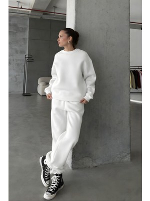 Yakamel Kadın 3iplik Şardonlu Oversıze Rahat Kalıp Bisiklet Yaka Eşofman Takımı