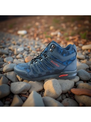 Erkek Lacivert Kamuflaj Su Itici Bilekli Outdoor Trekking Yürüyüş Ayakkabısı