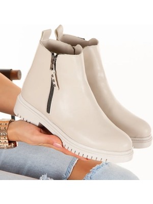 Elmando Günlük Kadın Bot Bej Cilt Çift Fermuarlı Kadın Bot & Bootie