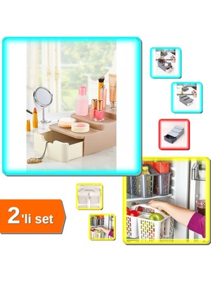 Hereveoyuncak Compact Çekmeceli ve Standlı Makyaj Organizeri + Buzdolabı Düzenleyici Sepet Gri - 2li Set K1Q8H4