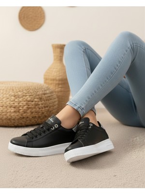 Homiro Unisex Ortopedik Rahat Spor Ayakkabı - Siyah Beyaz Taşlı