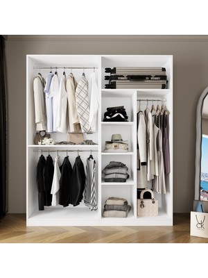 Bimossa KC3040 Goss Geniş Kapaksız Gardırop Sistemi, Çift Boy Askılı, 5 Raflı Kapaksız Elbise Dolabı, Beyaz