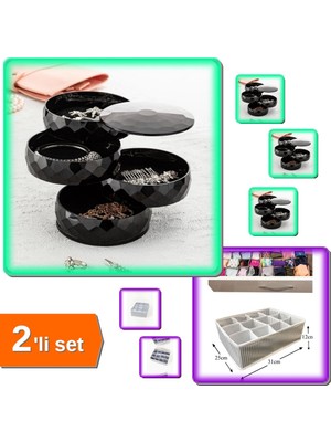Hereveoyuncak 360 Derece Dönebilen 4 Katlı Takı Organizer + Pratik Bölmeli Çekmece Düzenleyici - 2li Set J0G4Z3