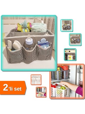 Hereveoyuncak Tutturma Aparatlı 5 Bölmeli Bebek Beşik Başucu Düzenleyici + Gri Buzdolabı Düzenleyici Sepet-2li Set
