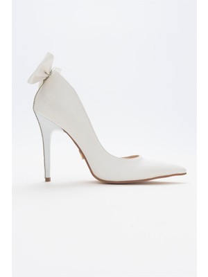 Ayakkabı Prensi Linnie Fiyonk Detaylı Beyaz Mat 10 cm Kadın Stiletto, Topuklu Ayakkabı