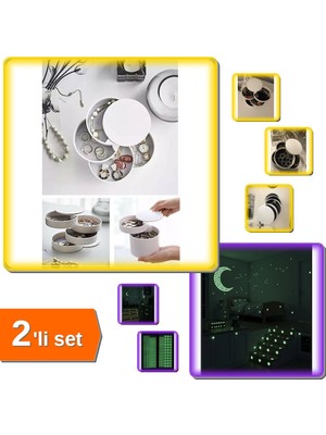 Hereveoyuncak 4 Katlı Dönebilen Silindir Takı Makyaj Kutusu + Fosforlu Karanlıkta Işık Veren Etiket - 2li Set U7T9