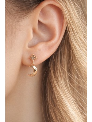 Sacce Scarves & Accessories Ay Sallantılı Küpe Mini Aylı – Zirkon Taşlı Çivi Küpe (Kuzey Yıldızlı)