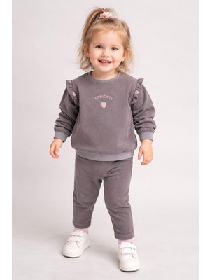 Dinamik çocuk Kız Bebek/çocuk Pembe Çilek Nakışlı 2parça Omuzdan Çıtçıtlı Esnek Kot Kumaş Mevsimlik 2li Takım Alt+Üst Bayramlık 6-24AYLIK