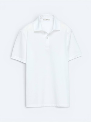 Kip Beyaz Düz Polo Yaka Pamuk Karışımlı T-Shirt