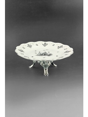 Bursa Porselen Dekor Royal Siyah Gümüş Metal Ayaklı Sunum Tabağı