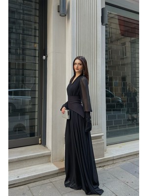 Klex Uzun Kollu Kuşaklı Şifon Uzun Boy Kadın Abiye Elbise Siyah - Xl