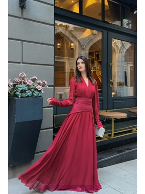 Klex Uzun Kollu Kuşaklı Şifon Uzun Boy Kadın Abiye Elbise Kırmızı - M