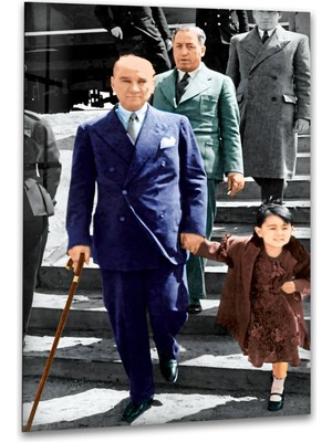 Myphotostation Atatürk ve Manevi Kızı Ülkü Dekoratif Temperli Cam Tablo, Modern Uv Baskılı Duvar Tablosu, Salon ve Ofis Için Şık Duvar Dekoru