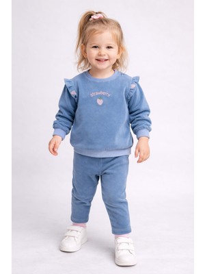 Dinamik çocuk Kız Bebek/çocuk Pembe Çilek Nakışlı 2parça Omuzdan Çıtçıtlı Esnek Kot Kumaş Mevsimlik 2li Takım Alt+Üst Bayramlık 6-24AYLIK