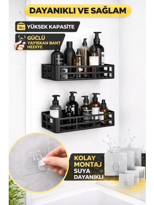 LaraTech Duş Içi Yapışkanlı Banyo Rafı 2’li Set Delme Yok Güçlü Yapışkan Bantlı Organizer
