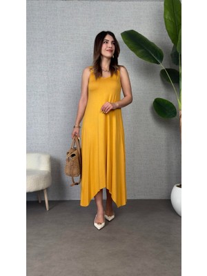 Tua Moda Kadın Çan Dokuma Kumaş V Yaka Asimetrik Kesim Elbise