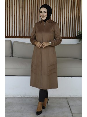 Ahucan Kadın Büyük Beden Kapüşonlu Ara Boy Süet Kap