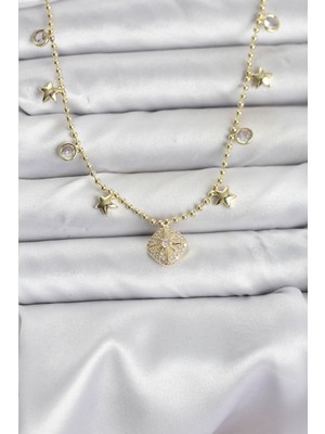 Tua Moda Pirinç Gold Renk Zirkon Taşlı Kutup Yıldızı Model Kadın Kolye