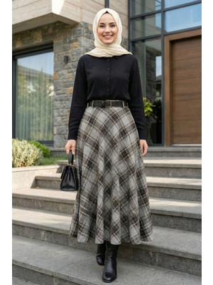 Harman Butik Kadın Gri Ekose Desenli Etek