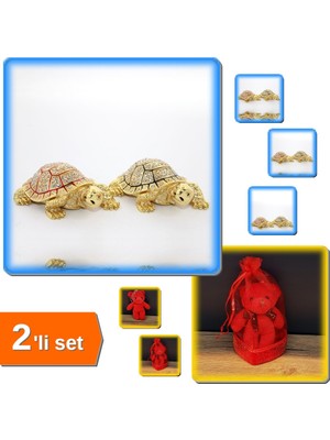Hereveoyuncak 1 Adet Swarovski Taşlı Kaplumbağa Figürü + Kırmızı Hediyelik Kese Içinde Ayıcık - 2li Set W5S2W6
