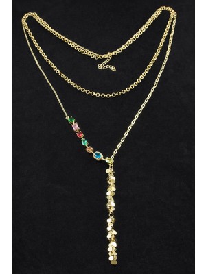 Bijuteri Net Pullu Zirkon Taşlı Lüks Ikili Çelik Kolye