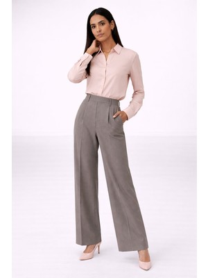 Mg Giyim Dokuma Kumaş Yüksel Bel Bol Paça Palazzo Gri Pantolon