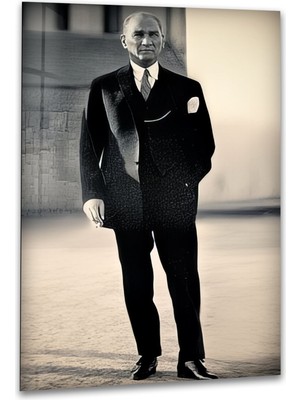 Myphotostation Takım Elbiseli Atatürk Temperli Cam Tablo, Modern Uv Baskılı Duvar Tablosu, Salon ve Ofis Için Şık Duvar Dekoru