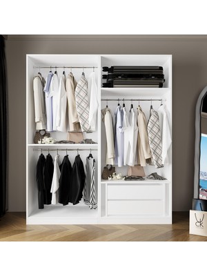 Bimossa KC7040 Goss 2 Askılı ve 2 Çekmeceli Açık Gardırop,geniş Kapaksız Elbise Dolabı,beyaz Modern Tasarım