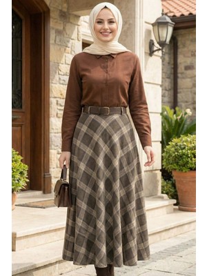 Harman Butik Kadın Kahverengi Ekose Desenli Etek