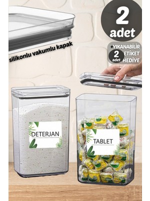 Comprox Banyo Saklama Kabı Dikdörtgen 2,9lt 2'li Set Tablet/deterjan Kabı Kutusu Vakum Kapaklı Sert Mika