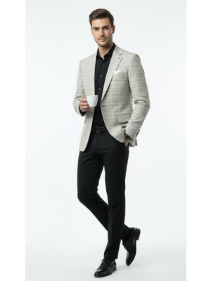 Plus Scorpion Erkek Keten Ekose Blazer Ceket Mono Yaka Tek Düğmeli Çift Yırtmaçlı