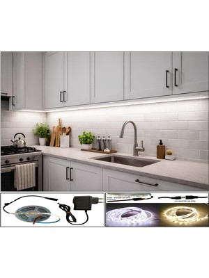 E-Tüccar Mutfak Tezgah Üstü (Dekoratif) 4 Metre Beyaz Şerit LED 12V Adaptör Aç Kapa (On-Off) Anahtarlı