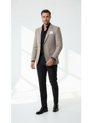 Plus Scorpion Erkek Keten Ekose Blazer Ceket Mono Yaka Tek Düğmeli Çift Yırtmaçlı