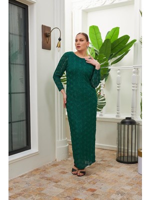 Rmg Sırt Boncuk Detaylı Büyük Beden Yeşil Abiye Elbise