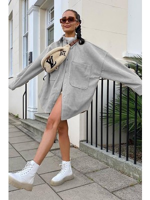 Madmext Mad Girls Gri Over Size Gömlek Ceket MG1281