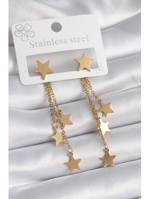 Epilons 316L Çelik Gold Renk Yıldız Model Çoklu Sallantı Yıldız Kadın Küpe - TJ-BKP9586