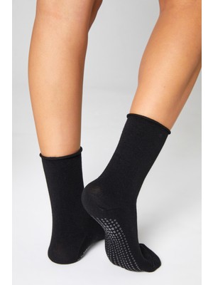 Bamboo Star Bambu Kaydırmaz Taban Silikonlu Hac Umre Tavaf Hamile Pilates Yoga Lastiksiz Siyah Çorap