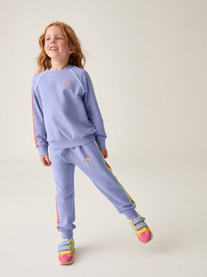 Noble Kids Gökkuşağı Nakışlı Lila Takım – Kız Çocuk, 3 Iplik Şardonsuz, 3–10 Yaş