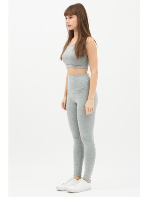 Twinticks Gizli Cepli Yüksek Bel Gri Spor Tayt Takımı - Crop Büstiyerli Yoga ve Fitness Seti