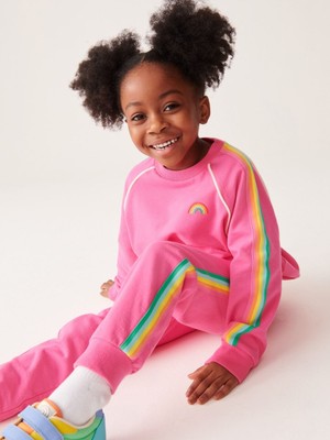 Noble Kids Gökkuşağı Nakışlı Pembe Takım – Kız Çocuk, 3 Iplik Şardonsuz, 3–10 Yaş