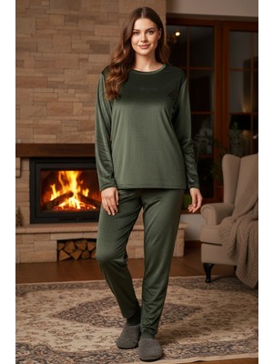 Remsa Büyük Beden Kadın Kadife Kumaş Pijama Takımı 13213-2897 Haki