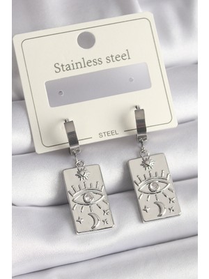 Epilons 316L Çelik Gümüş Renk Zirkon Taşlı Göz İşleme Detaylı Plaka Model Kadın Küpe - TJ-BKP9699