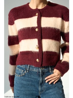 Cemo Yatay Çizgili Gold Düğmeli Triko Hırka