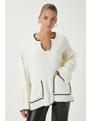 Ritnice Kadın Karly Cepli Ekru Triko Kazak