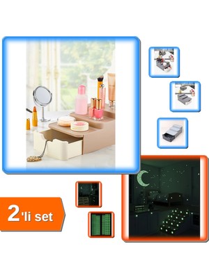 Hereveoyuncak Compact Çekmeceli Standlı Makyaj Organizeri + Fosforlu Etiket Işık Veren Yıldız Tozu - 2li Set B7R0B