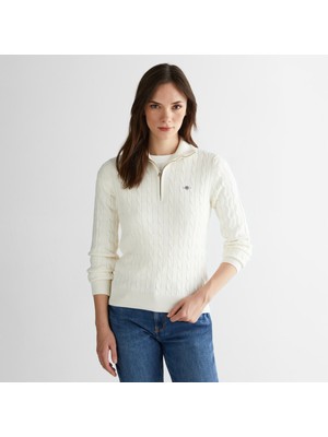 Gant Kadın Beyaz Regular Fit Yarım Fermuarlı Triko