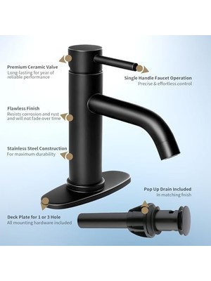 Soka Banyo Lavabo Bataryası Tek Saplı Paslanmaz Çelik Lavabo Ticari Banyo Bataryası Küvet Lavabosu Makyaj Bataryaları Güverte Plakalı ve Açılır Tahliye Tertibatı 1 ve 3 Delik Için Uygun, Altın