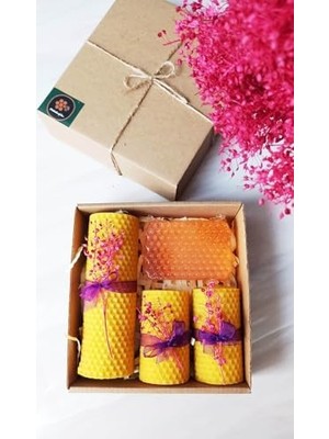 Doğal Petek Mum ve Ballı Sabun Seti Kutuda Bal Mumu Sarma Mum Beeswax Candle Hazır Hediye Kutusu