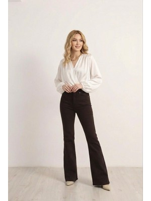 Sun Style Yüksek Bel Ispanyol Paça Fındık Kahverengi Kot Pantolon -Pamuk