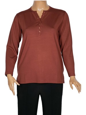 Hermevsim Cimariva Kadın Dicle Büyük Beden V Yaka Dantelli Taba Bluz